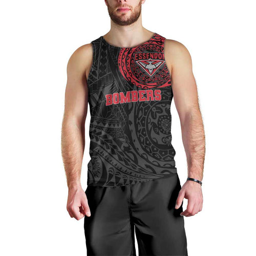 Personalized Essendon Bombers Polynesian Men Tank Top Tribal Chest and Sleeve Tattoo Heritage Warrior