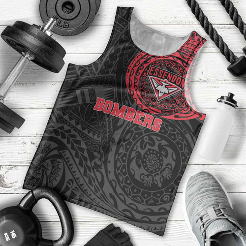 Personalized Essendon Bombers Polynesian Men Tank Top Tribal Chest and Sleeve Tattoo Heritage Warrior