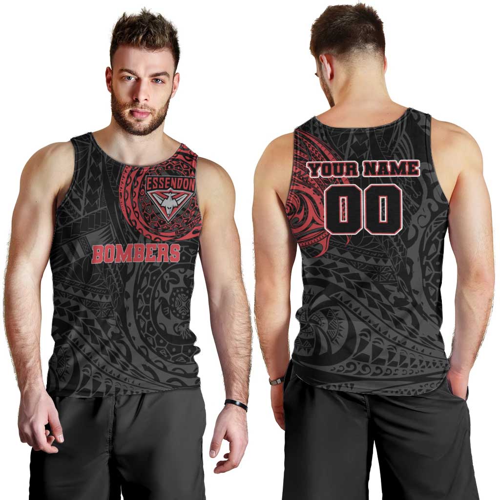 Personalized Essendon Bombers Polynesian Men Tank Top Tribal Chest and Sleeve Tattoo Heritage Warrior