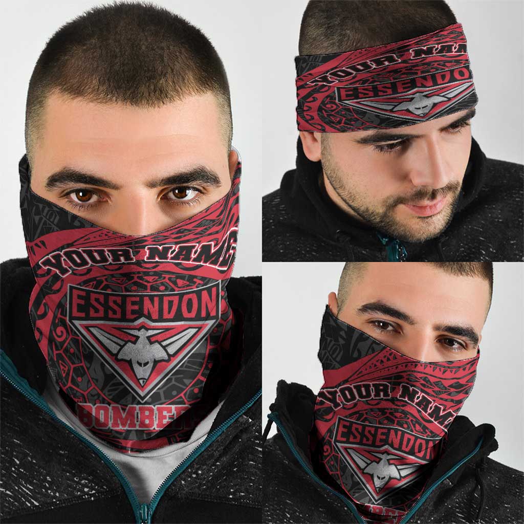 Personalized Essendon Bombers Polynesian Neck Gaiter Tribal Chest and Sleeve Tattoo Heritage Warrior