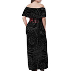 Personalized Essendon Bombers Polynesian Off Shoulder Maxi Dress Tribal Chest and Sleeve Tattoo Heritage Warrior