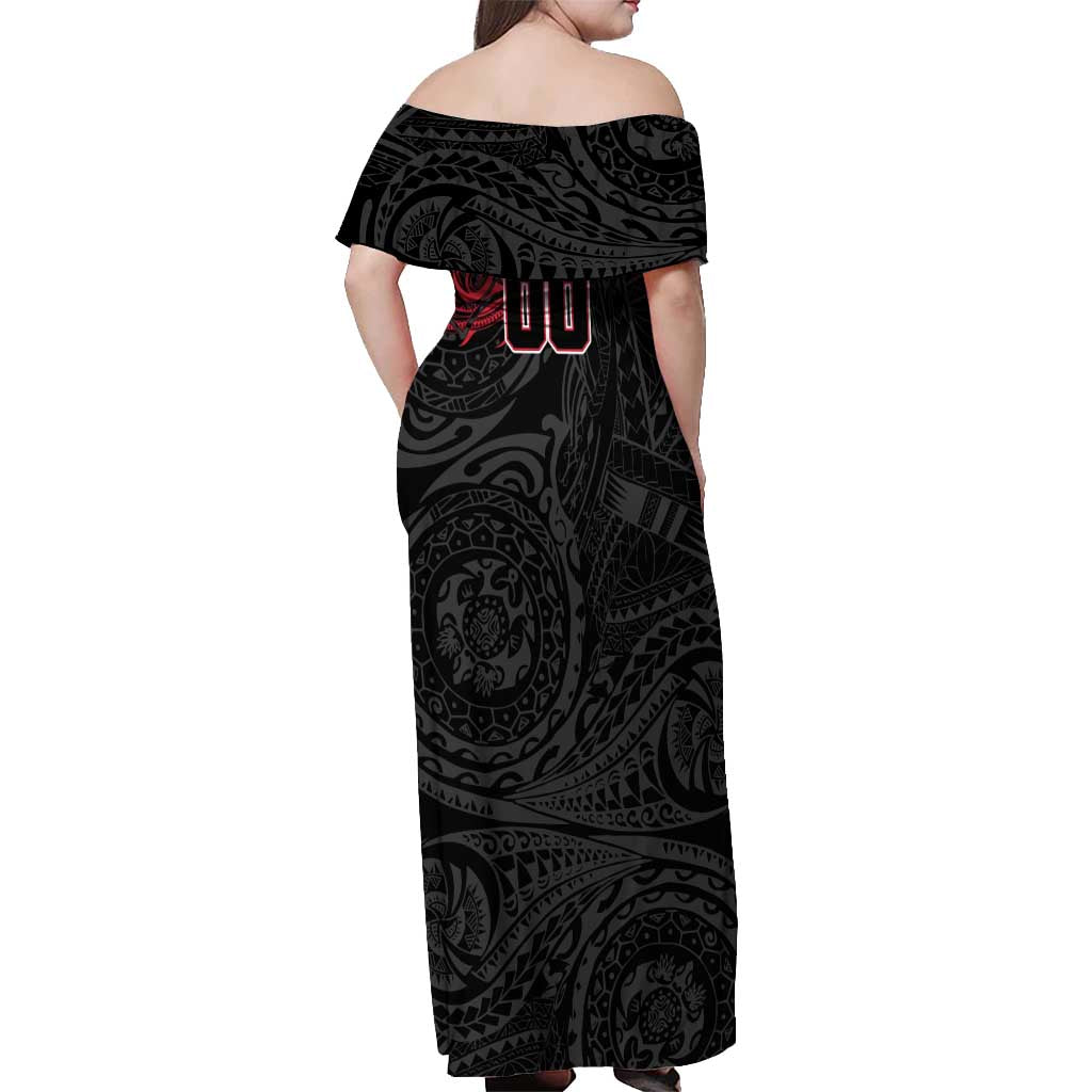 Personalized Essendon Bombers Polynesian Off Shoulder Maxi Dress Tribal Chest and Sleeve Tattoo Heritage Warrior