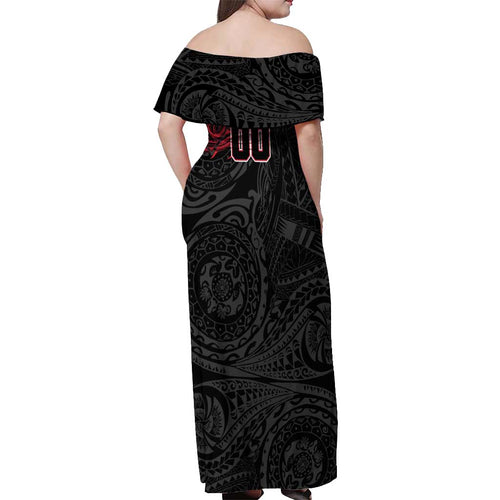 Personalized Essendon Bombers Polynesian Off Shoulder Maxi Dress Tribal Chest and Sleeve Tattoo Heritage Warrior