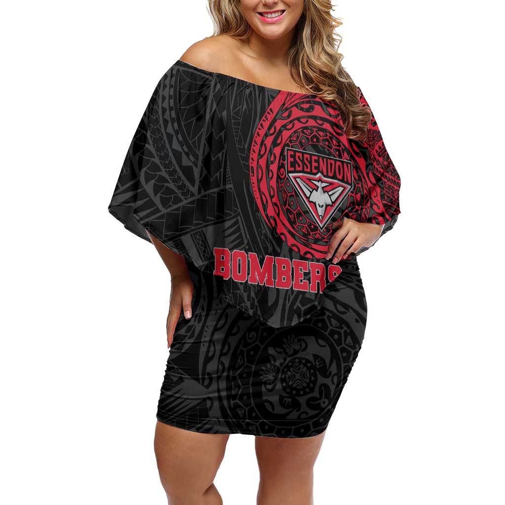 Personalized Essendon Bombers Polynesian Off Shoulder Short Dress Tribal Chest and Sleeve Tattoo Heritage Warrior
