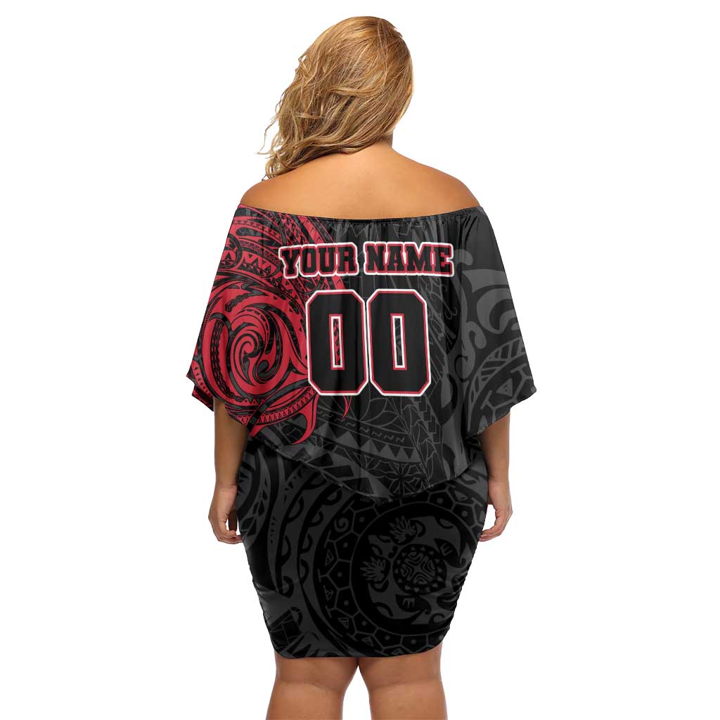 Personalized Essendon Bombers Polynesian Off Shoulder Short Dress Tribal Chest and Sleeve Tattoo Heritage Warrior