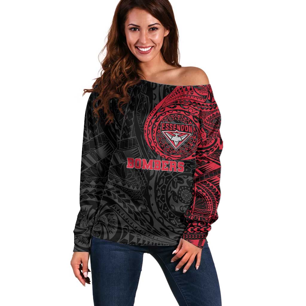 Personalized Essendon Bombers Polynesian Off Shoulder Sweater Tribal Chest and Sleeve Tattoo Heritage Warrior