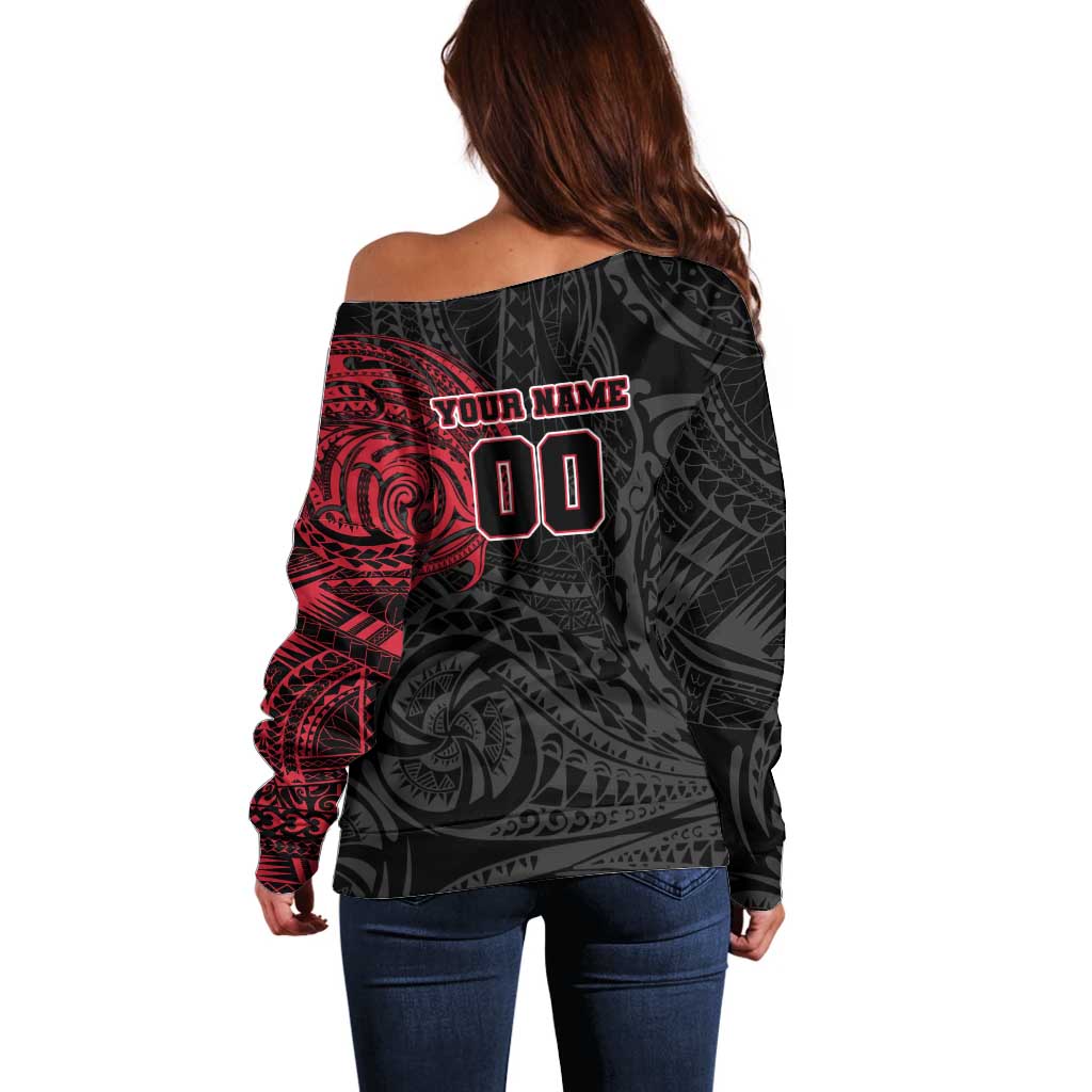 Personalized Essendon Bombers Polynesian Off Shoulder Sweater Tribal Chest and Sleeve Tattoo Heritage Warrior