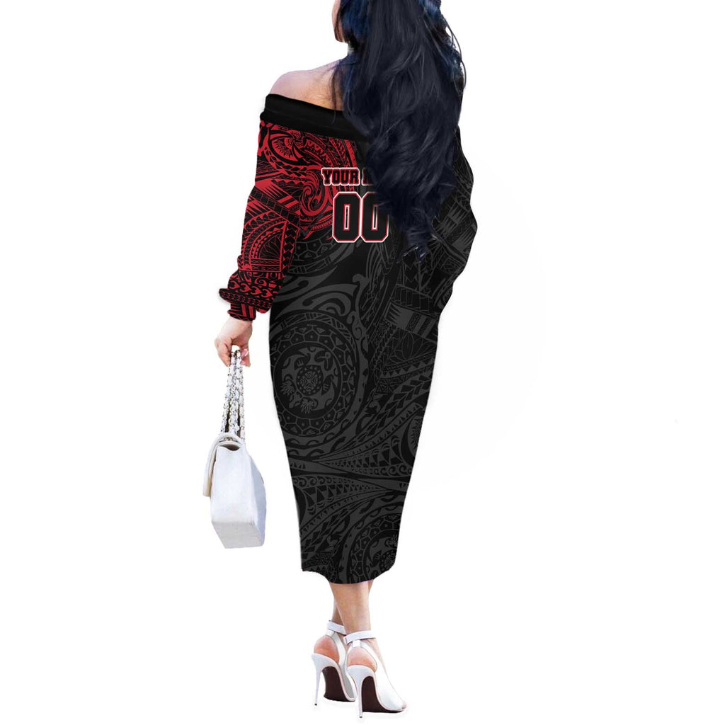 Personalized Essendon Bombers Polynesian Off The Shoulder Long Sleeve Dress Tribal Chest and Sleeve Tattoo Heritage Warrior