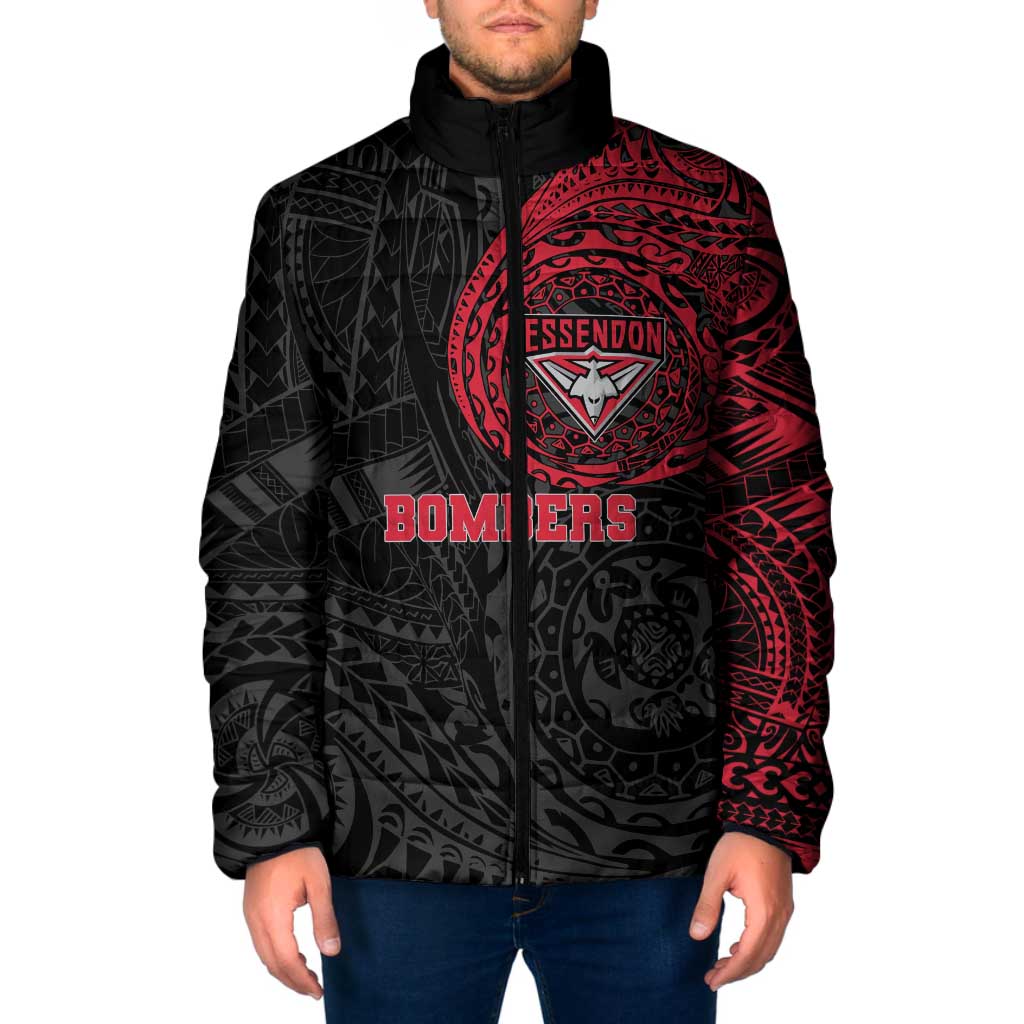 Personalized Essendon Bombers Polynesian Padded Jacket Tribal Chest and Sleeve Tattoo Heritage Warrior