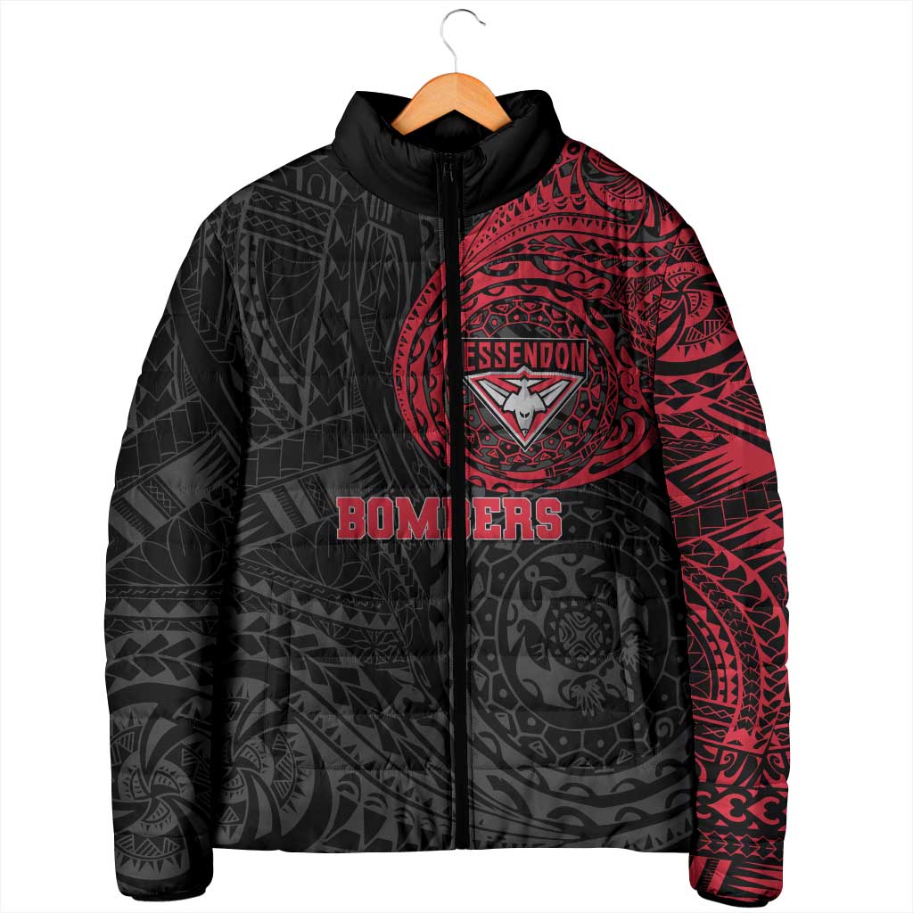 Personalized Essendon Bombers Polynesian Padded Jacket Tribal Chest and Sleeve Tattoo Heritage Warrior