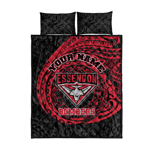 Personalized Essendon Bombers Polynesian Quilt Bed Set Tribal Chest and Sleeve Tattoo Heritage Warrior