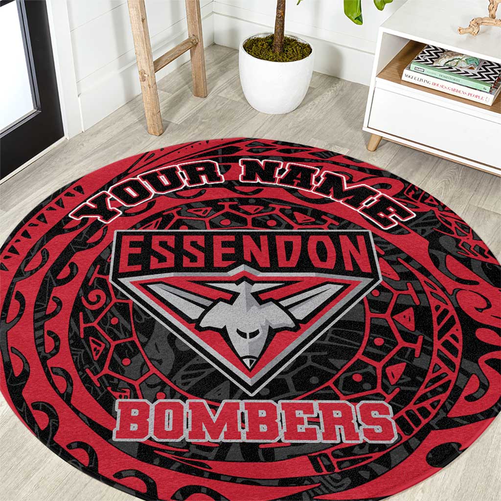 Personalized Essendon Bombers Polynesian Round Carpet Tribal Chest and Sleeve Tattoo Heritage Warrior