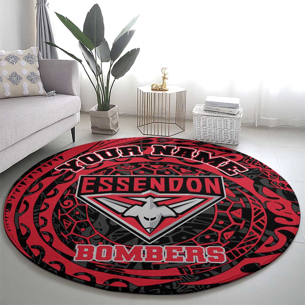 Personalized Essendon Bombers Polynesian Round Carpet Tribal Chest and Sleeve Tattoo Heritage Warrior