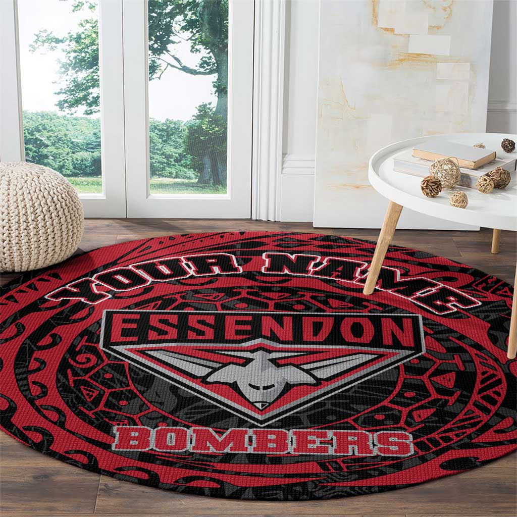 Personalized Essendon Bombers Polynesian Round Carpet Tribal Chest and Sleeve Tattoo Heritage Warrior