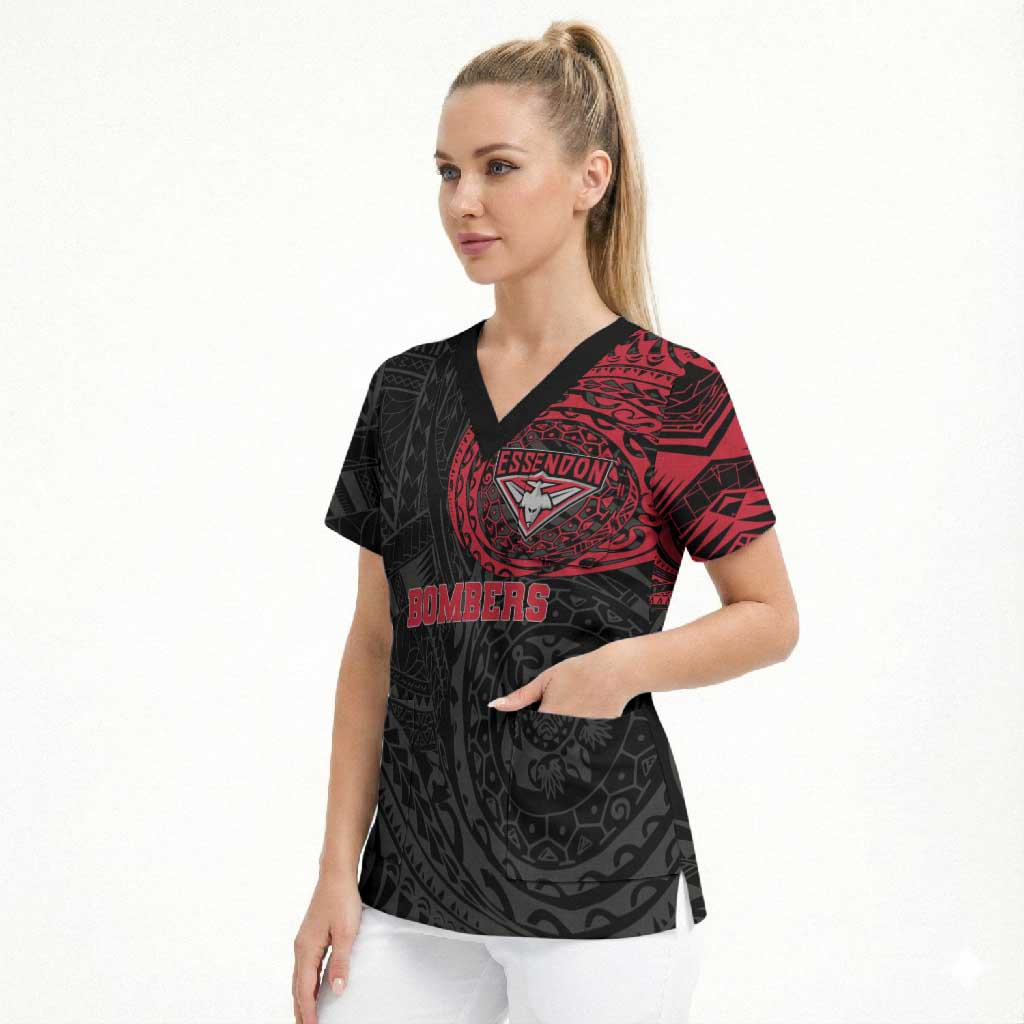 Personalized Essendon Bombers Polynesian Scrub Top Tribal Chest and Sleeve Tattoo Heritage Warrior