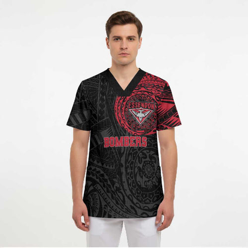 Personalized Essendon Bombers Polynesian Scrub Top Tribal Chest and Sleeve Tattoo Heritage Warrior