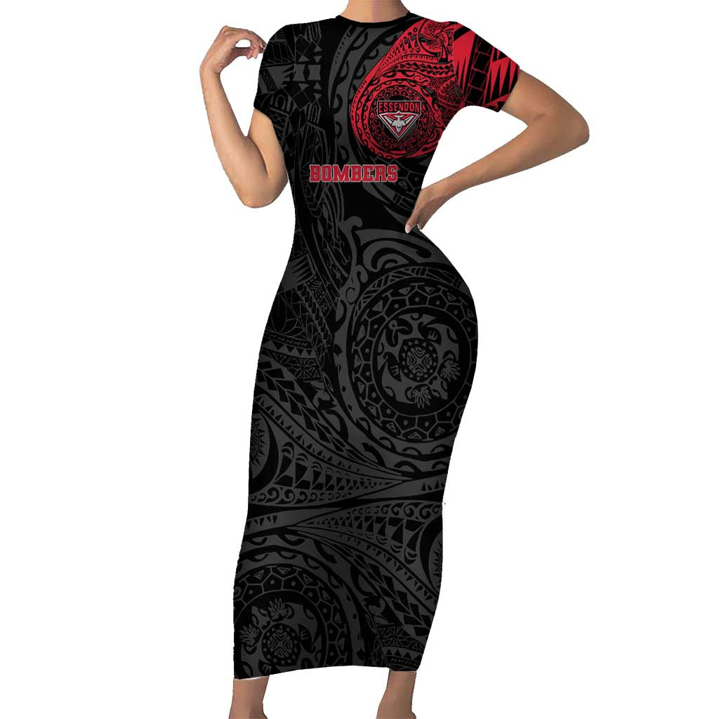 Personalized Essendon Bombers Polynesian Short Sleeve Bodycon Dress Tribal Chest and Sleeve Tattoo Heritage Warrior