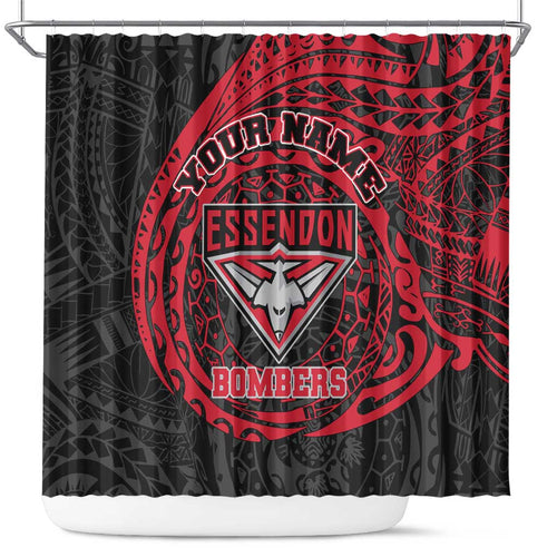 Personalized Essendon Bombers Polynesian Shower Curtain Tribal Chest and Sleeve Tattoo Heritage Warrior
