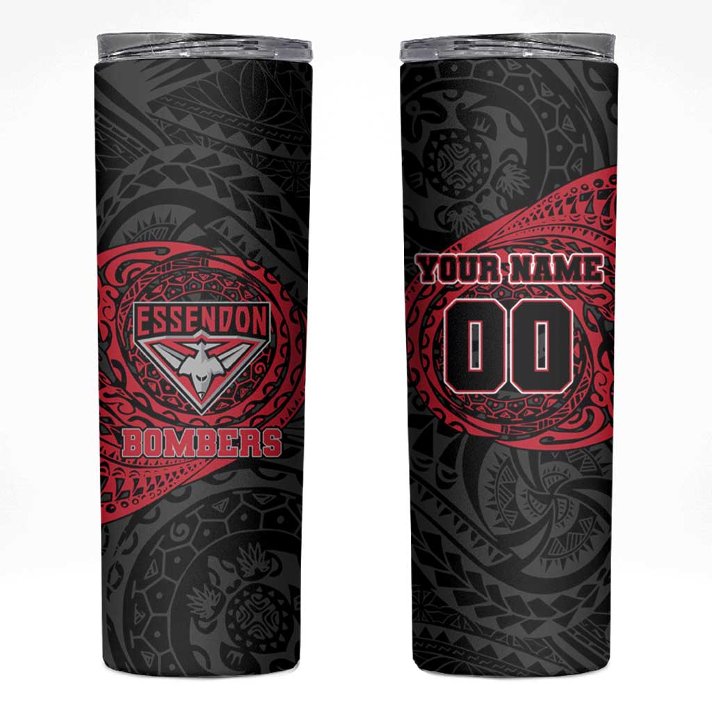 Personalized Essendon Bombers Polynesian Skinny Tumbler Tribal Chest and Sleeve Tattoo Heritage Warrior