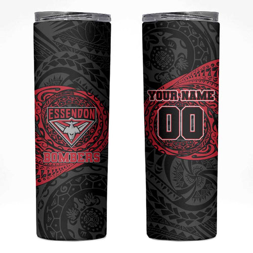 Personalized Essendon Bombers Polynesian Skinny Tumbler Tribal Chest and Sleeve Tattoo Heritage Warrior