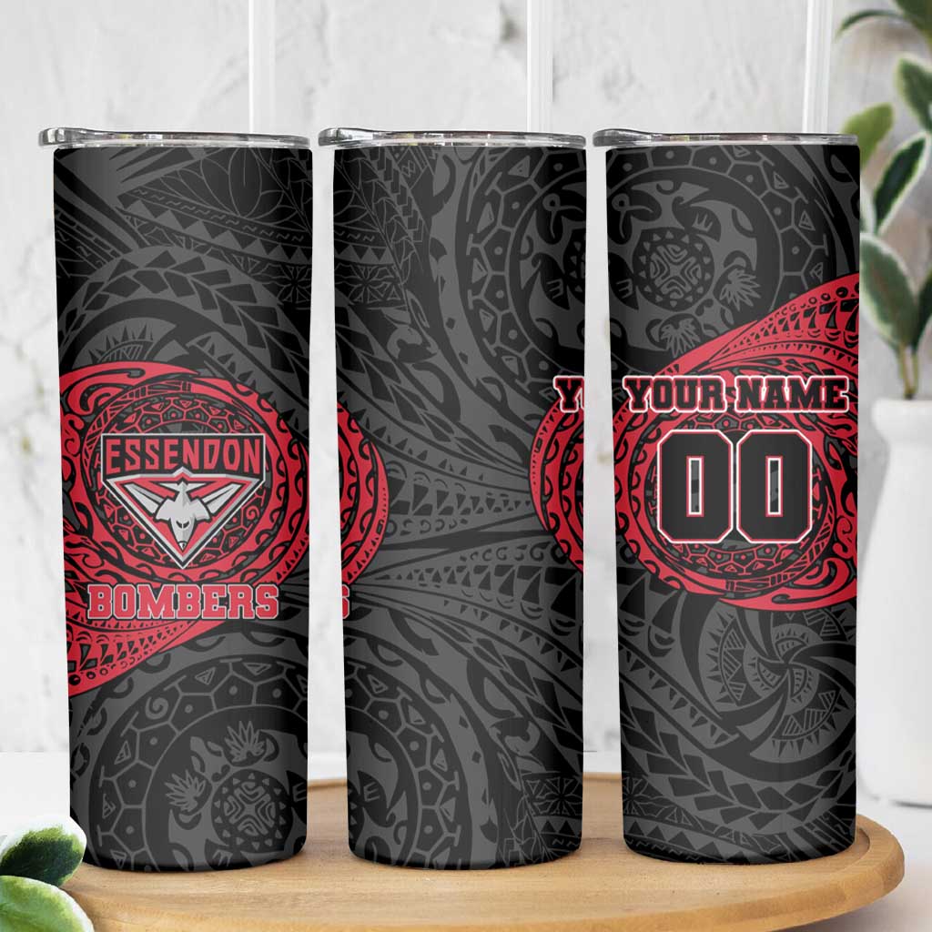 Personalized Essendon Bombers Polynesian Skinny Tumbler Tribal Chest and Sleeve Tattoo Heritage Warrior