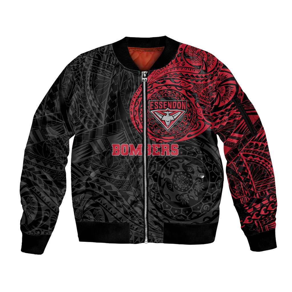 Personalized Essendon Bombers Polynesian Sleeve Zip Bomber Jacket Tribal Chest and Sleeve Tattoo Heritage Warrior