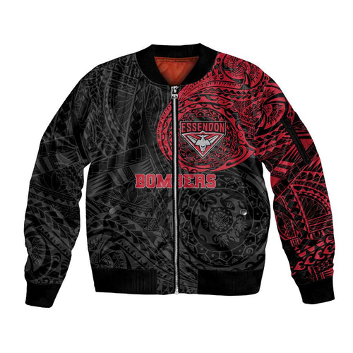 Personalized Essendon Bombers Polynesian Sleeve Zip Bomber Jacket Tribal Chest and Sleeve Tattoo Heritage Warrior