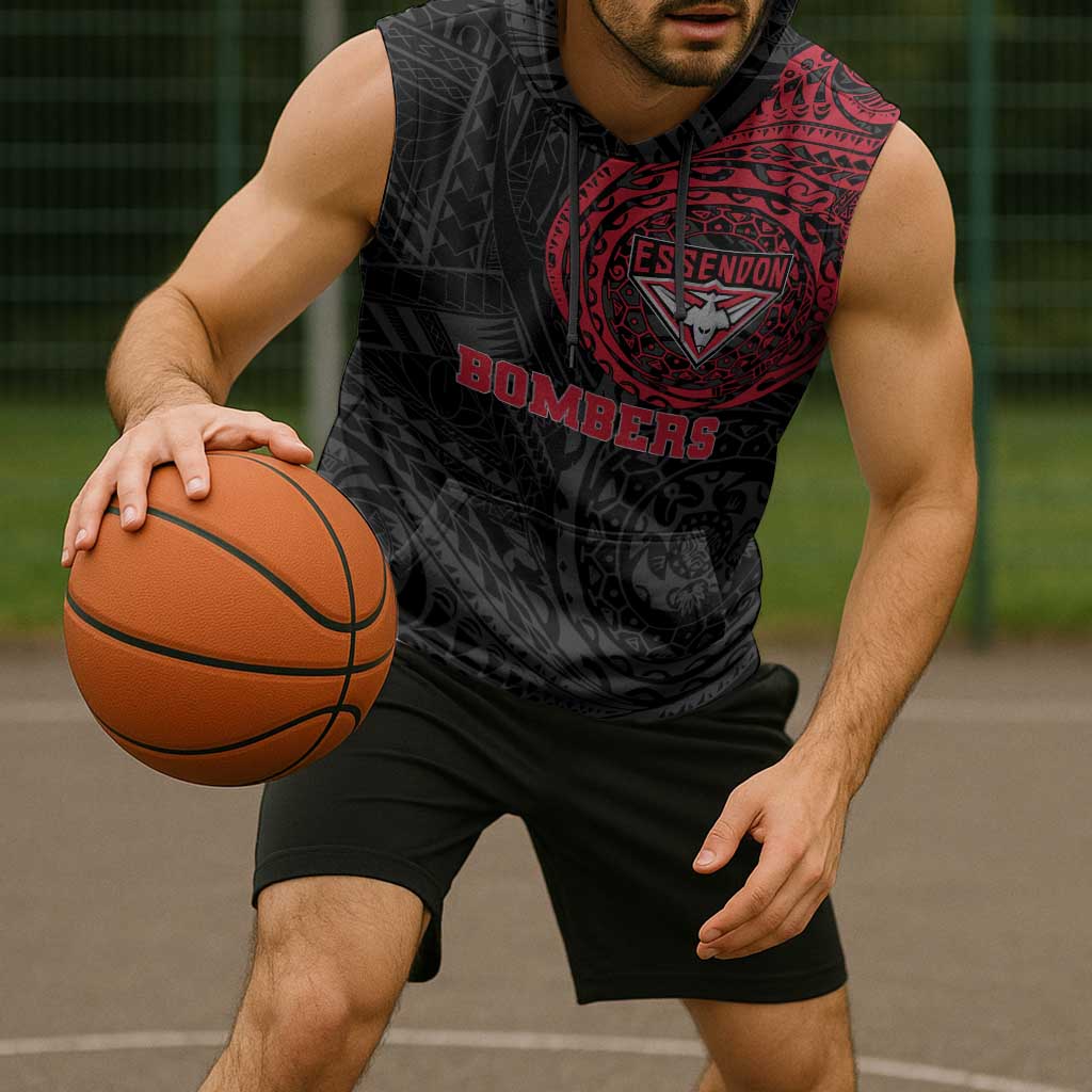 Personalized Essendon Bombers Polynesian Sleeveless Hoodie Tribal Chest and Sleeve Tattoo Heritage Warrior