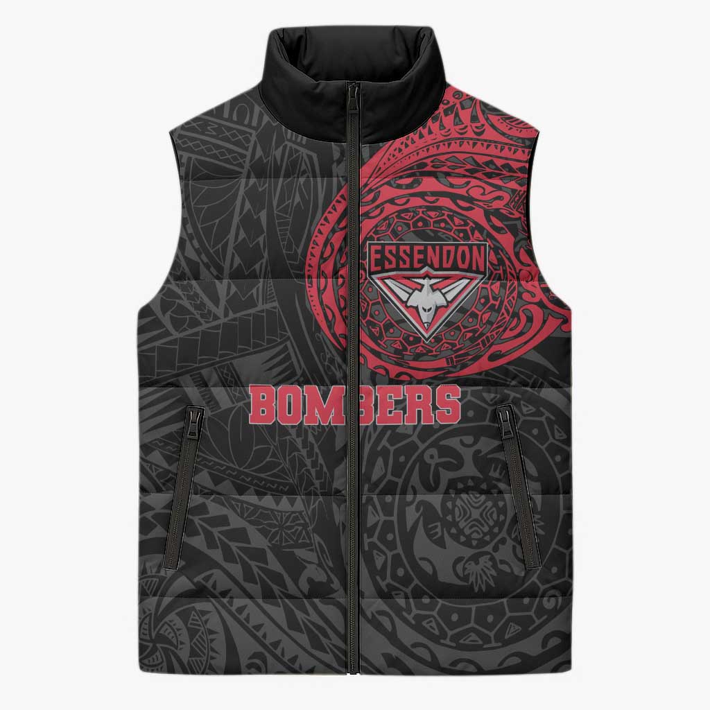 Personalized Essendon Bombers Polynesian Sleeveless Puffer Jacket Tribal Chest and Sleeve Tattoo Heritage Warrior