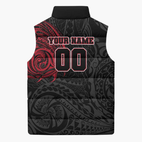 Personalized Essendon Bombers Polynesian Sleeveless Puffer Jacket Tribal Chest and Sleeve Tattoo Heritage Warrior