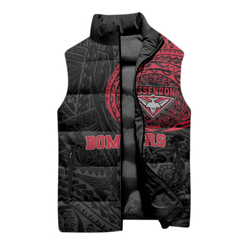 Personalized Essendon Bombers Polynesian Sleeveless Puffer Jacket Tribal Chest and Sleeve Tattoo Heritage Warrior