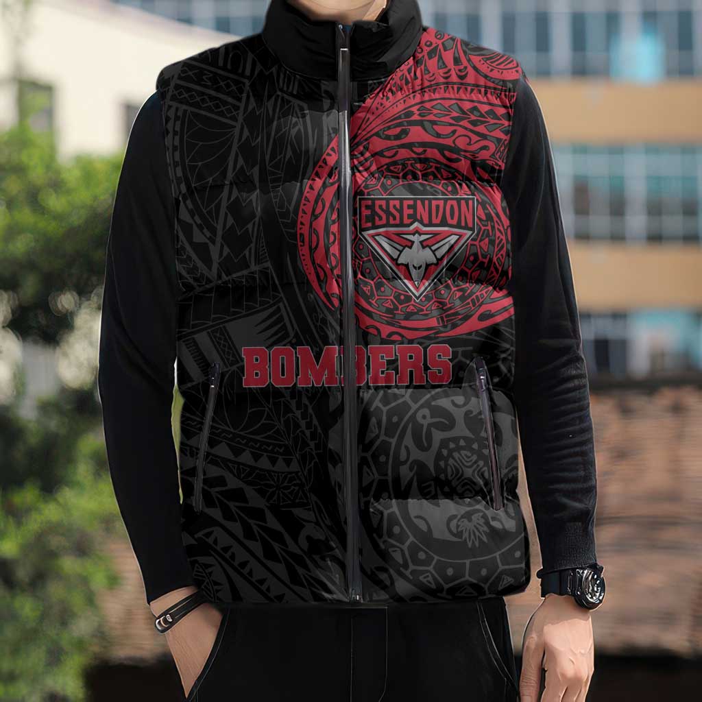 Personalized Essendon Bombers Polynesian Sleeveless Puffer Jacket Tribal Chest and Sleeve Tattoo Heritage Warrior