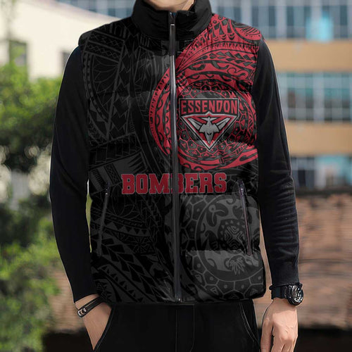 Personalized Essendon Bombers Polynesian Sleeveless Puffer Jacket Tribal Chest and Sleeve Tattoo Heritage Warrior