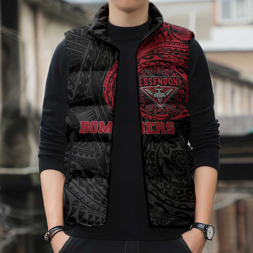 Personalized Essendon Bombers Polynesian Sleeveless Puffer Jacket Tribal Chest and Sleeve Tattoo Heritage Warrior