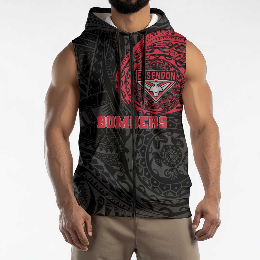 Personalized Essendon Bombers Polynesian Sleeveless Zip Hoodie Tribal Chest and Sleeve Tattoo Heritage Warrior
