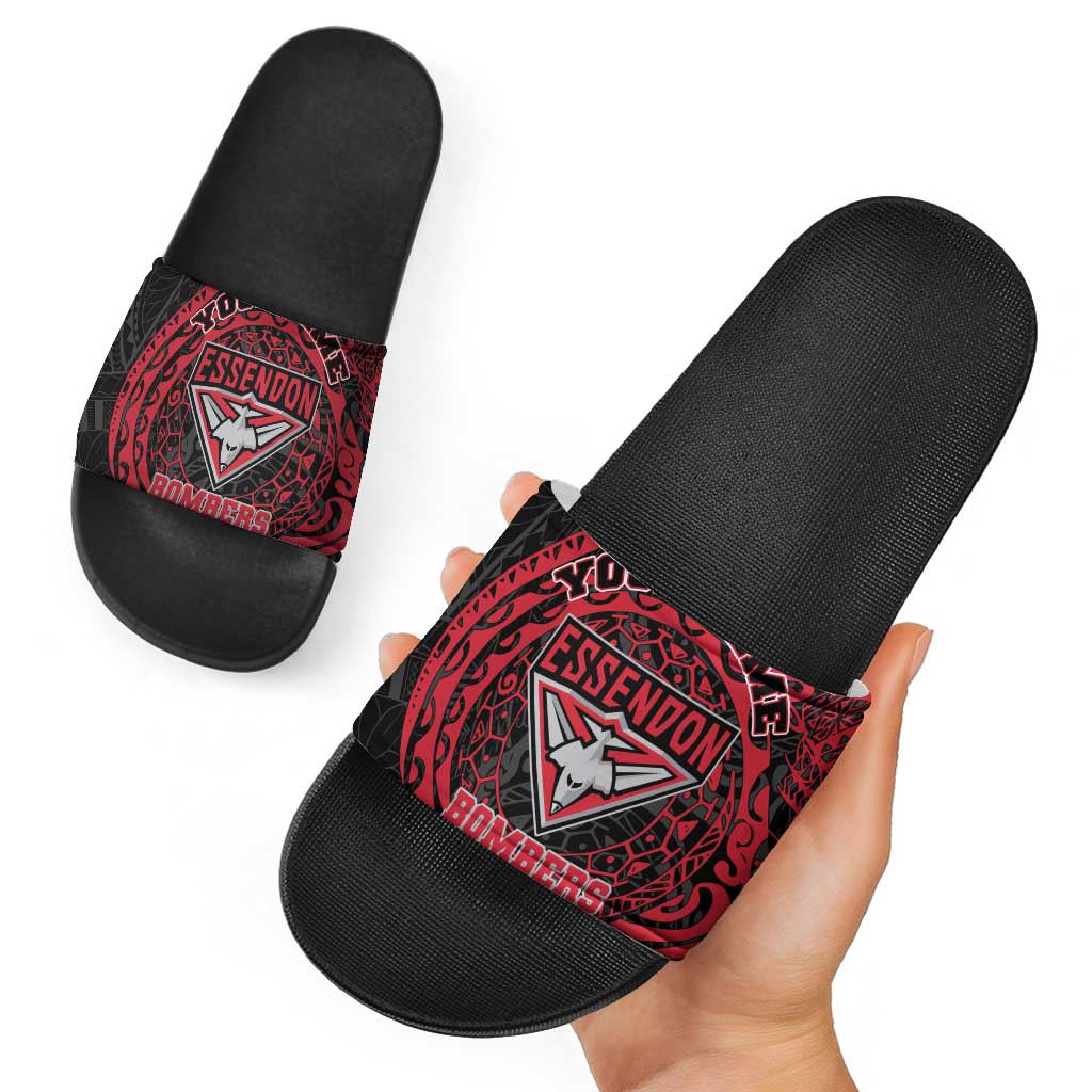 Personalized Essendon Bombers Polynesian Slide Sandals Tribal Chest and Sleeve Tattoo Heritage Warrior