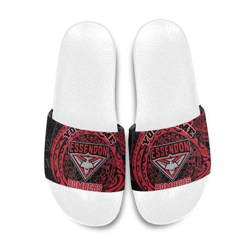 Personalized Essendon Bombers Polynesian Slide Sandals Tribal Chest and Sleeve Tattoo Heritage Warrior