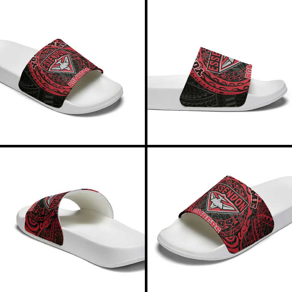 Personalized Essendon Bombers Polynesian Slide Sandals Tribal Chest and Sleeve Tattoo Heritage Warrior