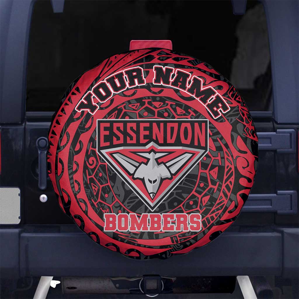 Personalized Essendon Bombers Polynesian Spare Tire Cover Tribal Chest and Sleeve Tattoo Heritage Warrior