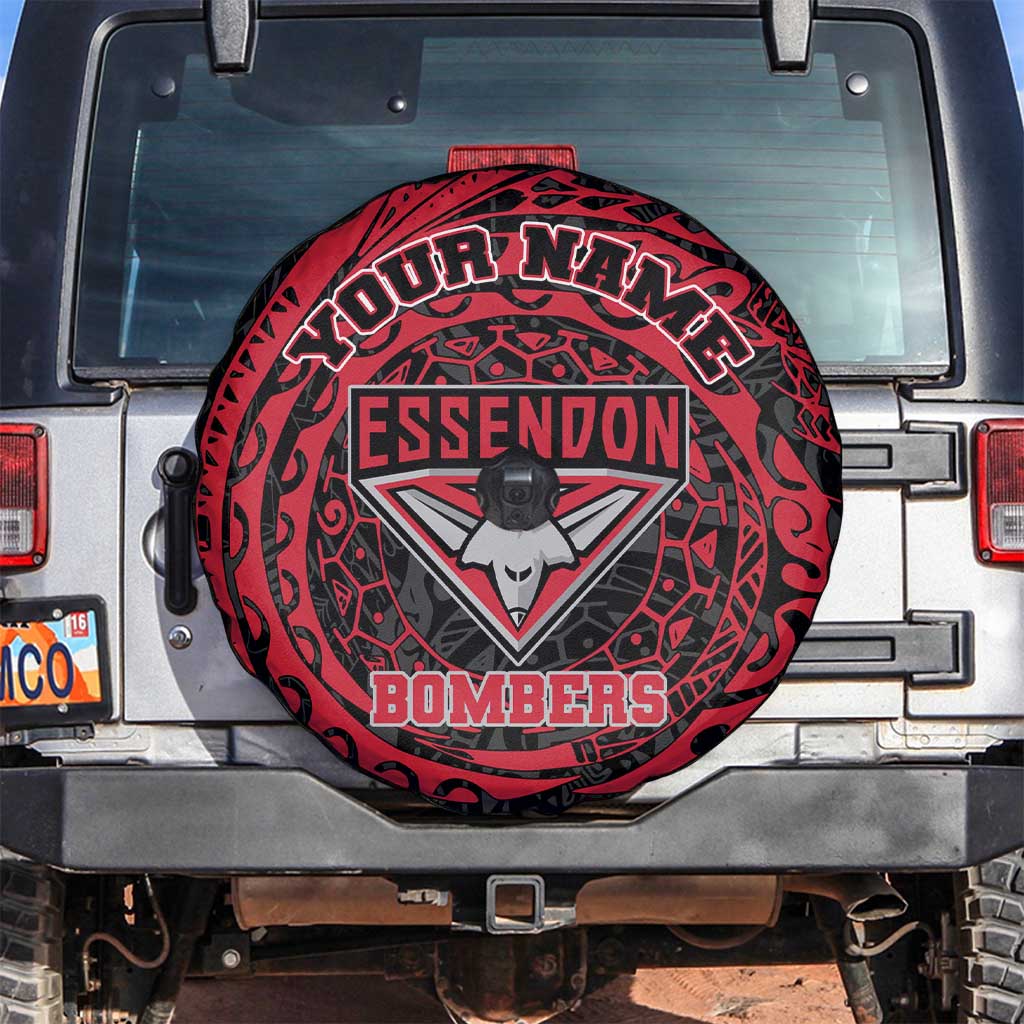 Personalized Essendon Bombers Polynesian Spare Tire Cover Tribal Chest and Sleeve Tattoo Heritage Warrior