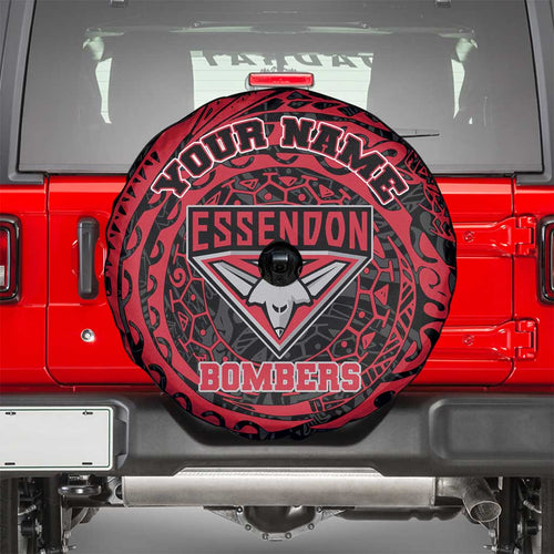 Personalized Essendon Bombers Polynesian Spare Tire Cover Tribal Chest and Sleeve Tattoo Heritage Warrior