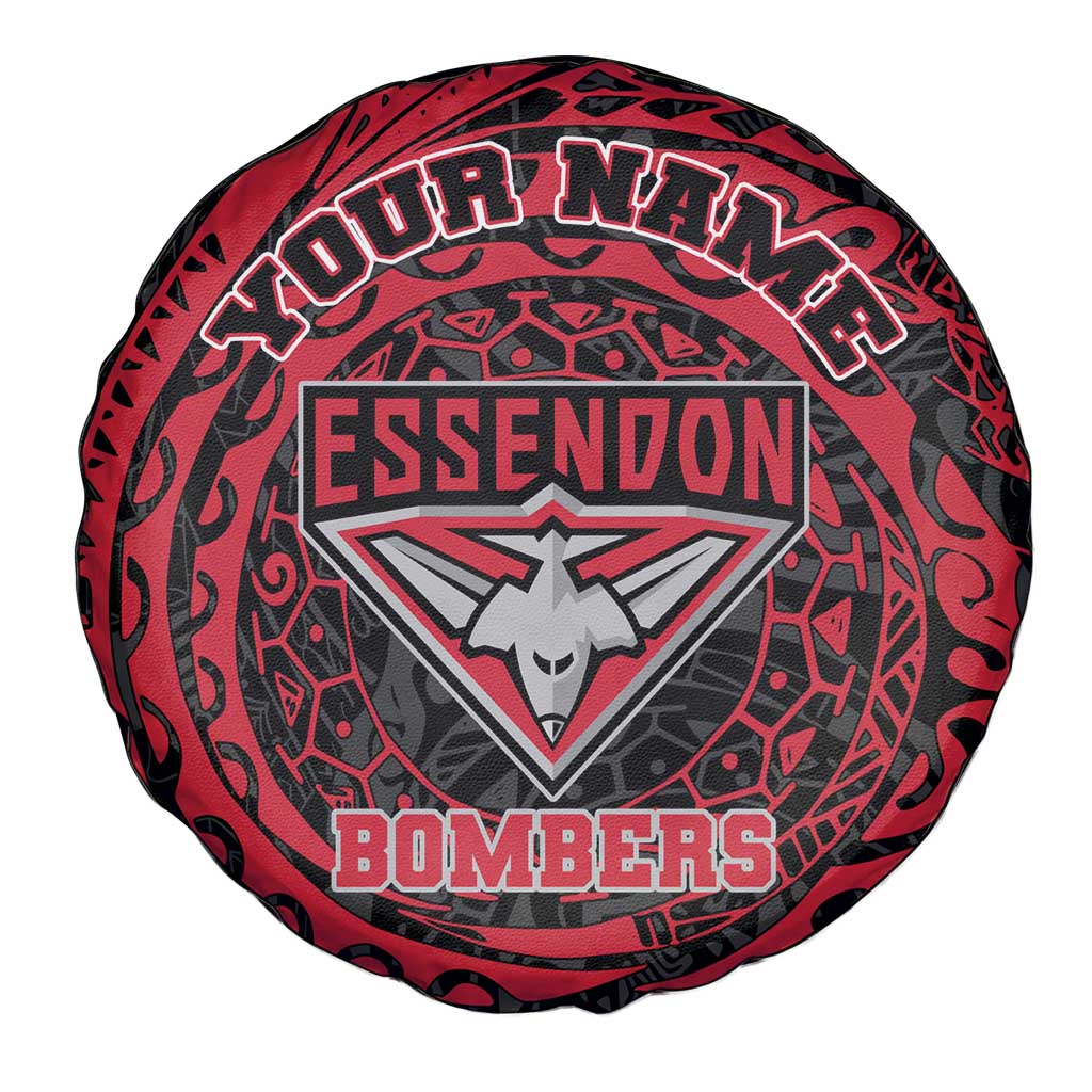 Personalized Essendon Bombers Polynesian Spare Tire Cover Tribal Chest and Sleeve Tattoo Heritage Warrior