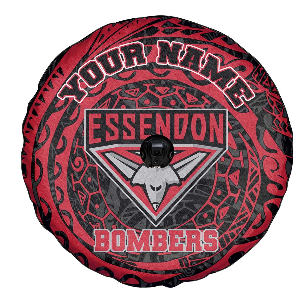 Personalized Essendon Bombers Polynesian Spare Tire Cover Tribal Chest and Sleeve Tattoo Heritage Warrior