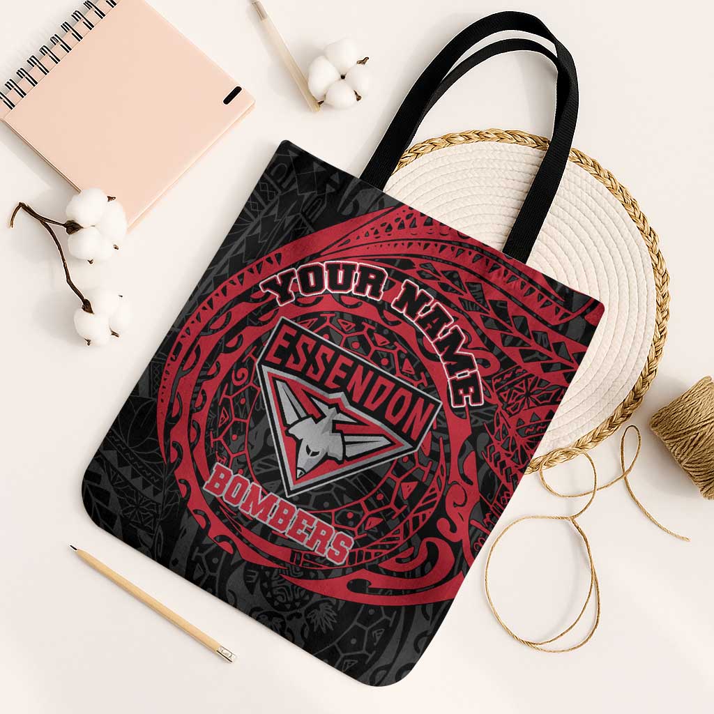 Personalized Essendon Bombers Polynesian Tote Bag Tribal Chest and Sleeve Tattoo Heritage Warrior