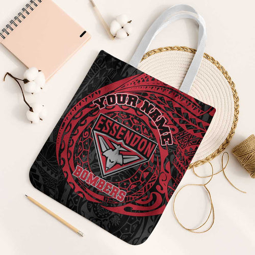 Personalized Essendon Bombers Polynesian Tote Bag Tribal Chest and Sleeve Tattoo Heritage Warrior