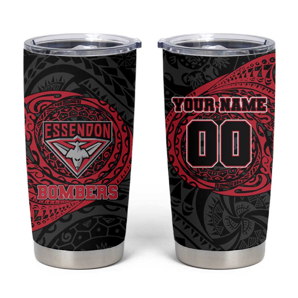 Personalized Essendon Bombers Polynesian Tumbler Cup Tribal Chest and Sleeve Tattoo Heritage Warrior