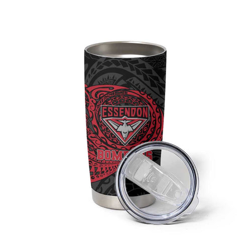 Personalized Essendon Bombers Polynesian Tumbler Cup Tribal Chest and Sleeve Tattoo Heritage Warrior