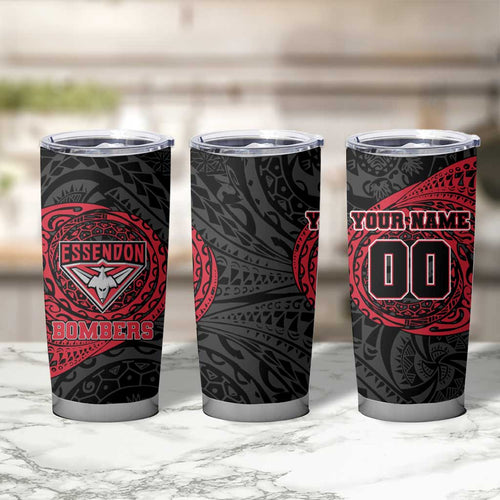 Personalized Essendon Bombers Polynesian Tumbler Cup Tribal Chest and Sleeve Tattoo Heritage Warrior