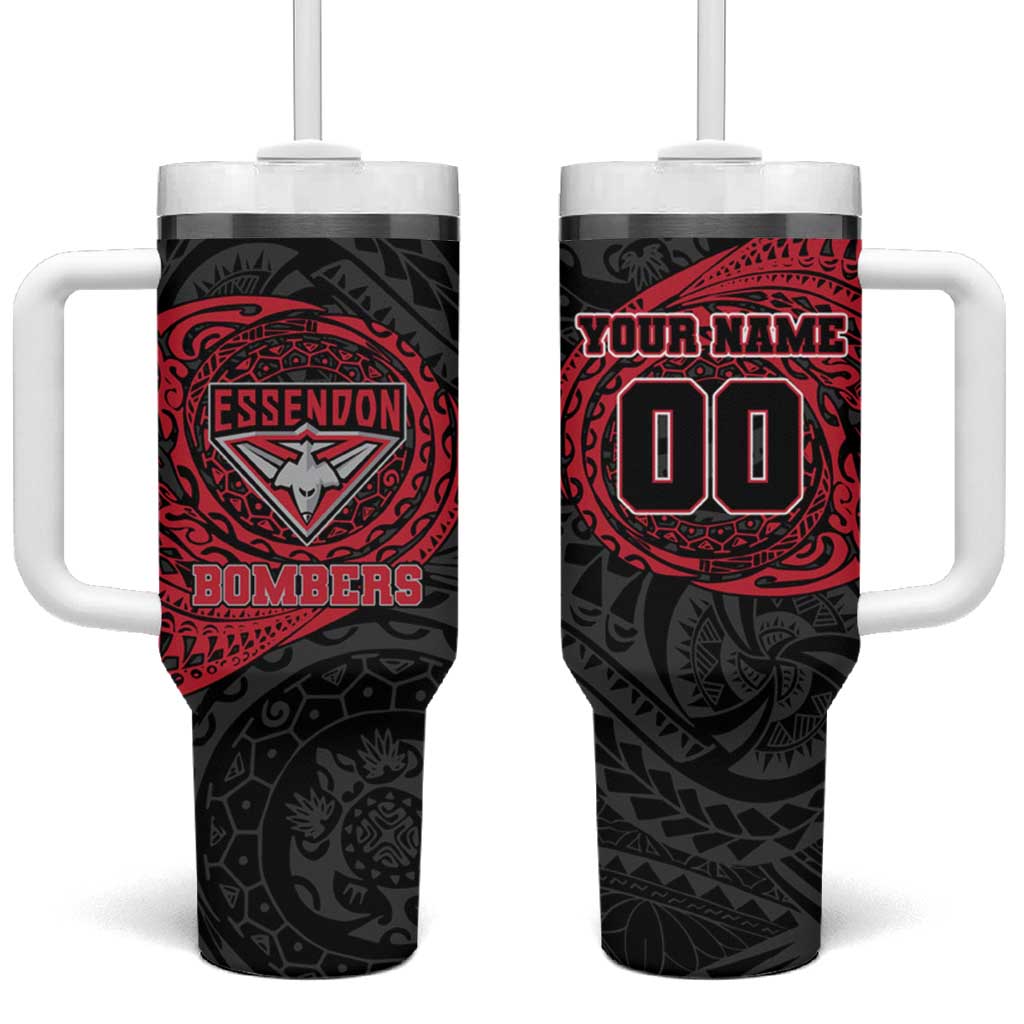 Personalized Essendon Bombers Polynesian Tumbler With Handle Tribal Chest and Sleeve Tattoo Heritage Warrior