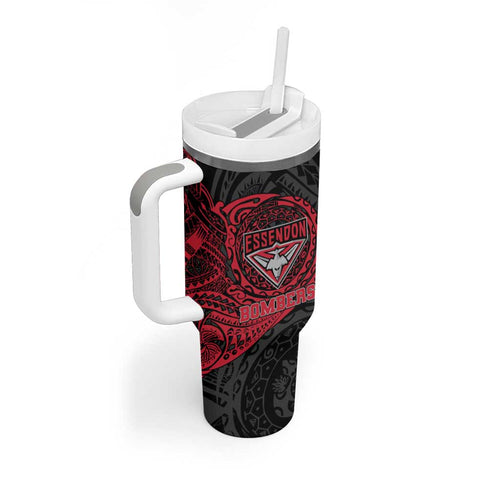 Personalized Essendon Bombers Polynesian Tumbler With Handle Tribal Chest and Sleeve Tattoo Heritage Warrior